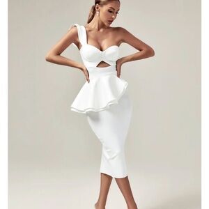 Makenna One Shoulder Bandage Midi Dress In White